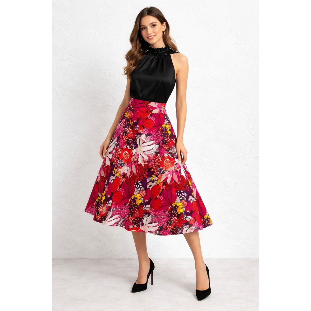 Trina Turk Midi Skirt Sz 4 Colorful Floral Flare Pockets Lined Statement Retro